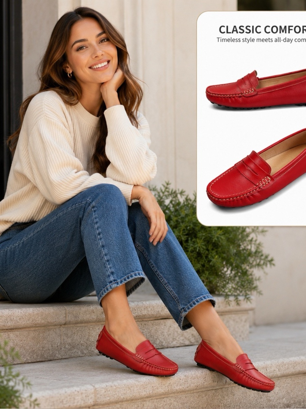 Artisure - Super Comfy & Stylish - Red Leather Driving Flats - Women’s 6.5